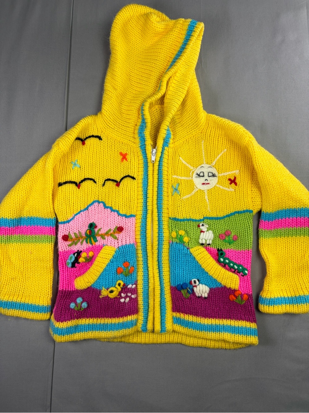 Yellow Hooded Kids Sweater with Colorful Scenic Embroidery no tag